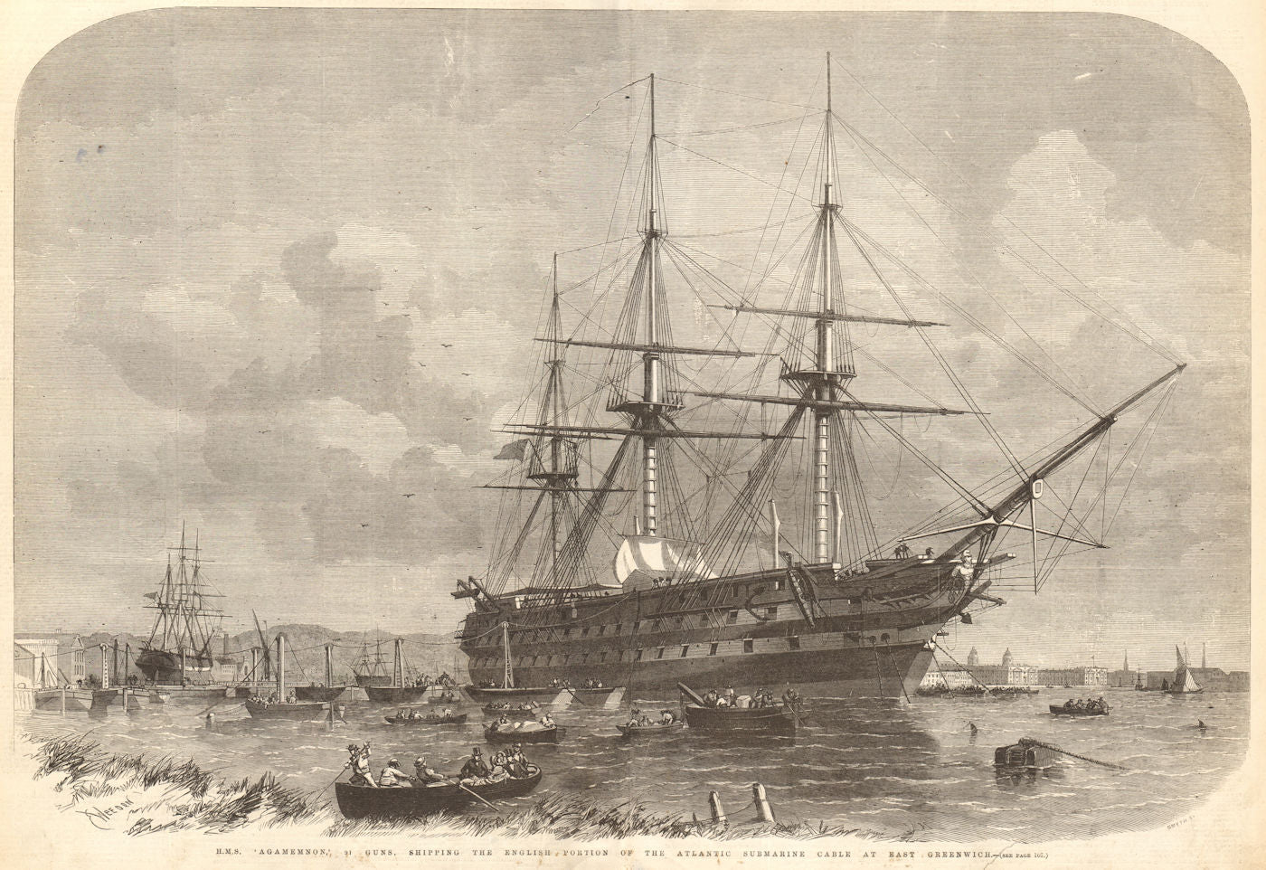 HMS Agamemnon shipping the Atlantic submarine Cable at east Greenwich 1857